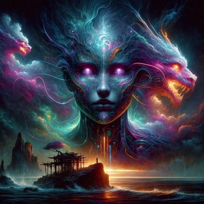 The primary subject of the image is a woman with a unique and intricate design on her face. She appears to be a part of a larger artistic piece, possibly a digital illustration or a painting. The setting is a dark, cloudy sky, which adds to the overall mood of the image. The visual style is a combination of digital art and illustration, creating a striking and captivating scene. The colors used in the image are predominantly dark and moody, with the woman's face being the main foc